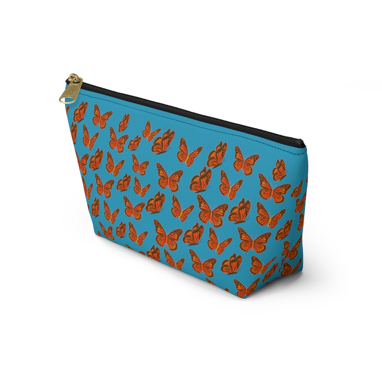 Turquoise Accessory Pouch w T-bottom with Orange Butterfly Pattern
