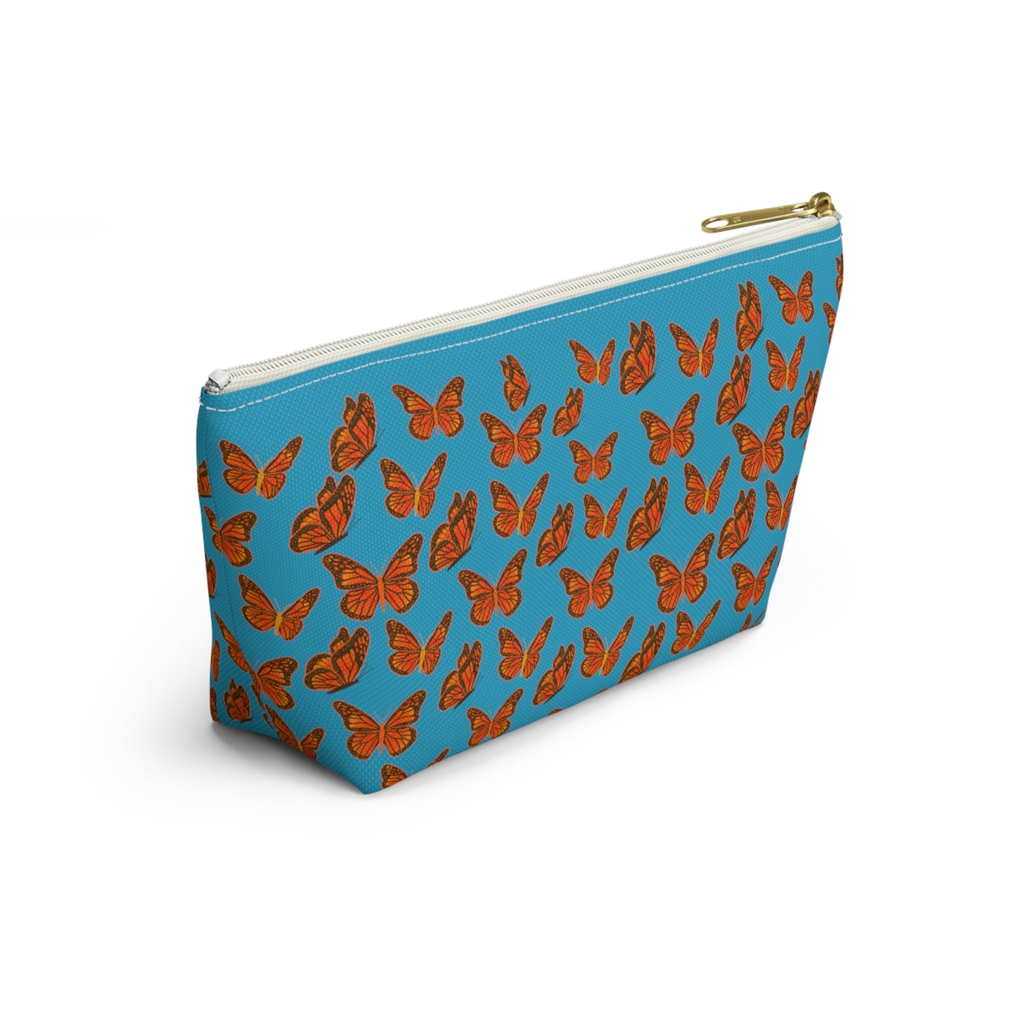 Turquoise Accessory Pouch w T-bottom with Orange Butterfly Pattern