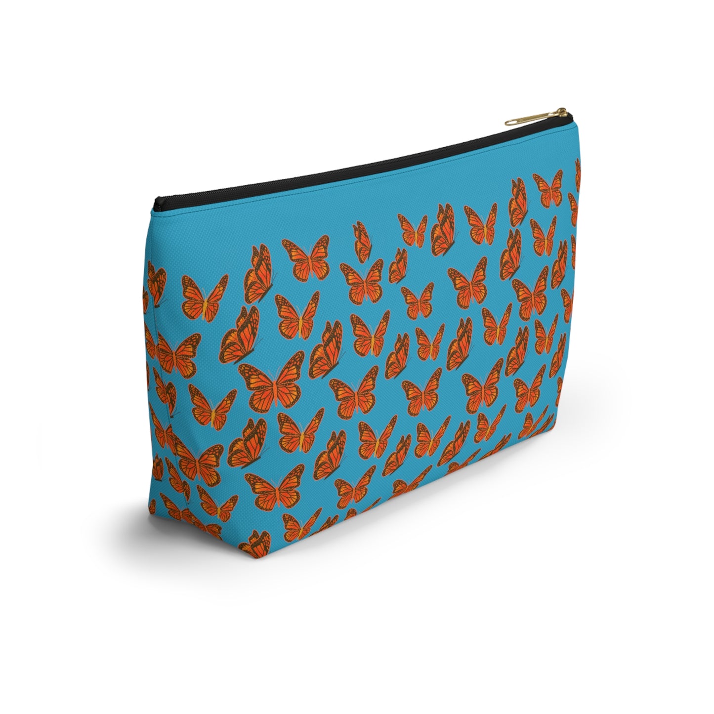 Turquoise Accessory Pouch w T-bottom with Orange Butterfly Pattern